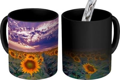 Magische Mok - Foto op Warmte Mokken - Koffiemok - Bloemen - Lucht - Paars - Zonnebloem - Zonsondergang - Magic Mok - Beker - 350 ML - Theemok