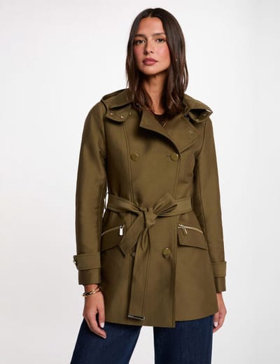 Morgan - Waisted belted trenchcoat 241-Gladia with hood khaki green - Maat : 40