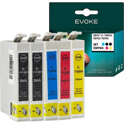 Evoke compatibele inkt voor Epson T0711 T0712 T0713 T0714 711 712 713 714 XL 5X:2X K/C/M/Y Stylus D78 D92, Dx4000 4050 4400 4450 5000 5050 6000 6050 7000F 7400 7450 8400 8450, Sx100 105 110 115 200