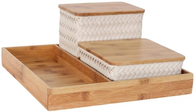 Organizer - Opbergmanden met bamboe deksel en vierkante tray - Bureau Organizer - Bureauhouder - Bureau accessoires Set - Set manden met deksel - Handgemaakt - Duurzaam - Organize (F)it ! - beige- champagne