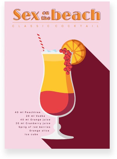 Poster 20x30 cm - Sex on the Beach - Cocktail Recept - Geel - Roze - Retro - Art deco - Muurdecoratie - Wanddecoratie