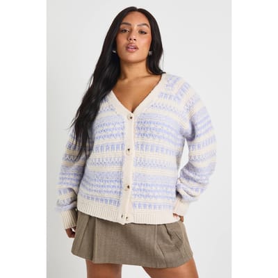 boohoo Dames Plus chunky gebreide Fair Isle-streep oversized boyfriend cardigan | Lilac | Maat: 16-18