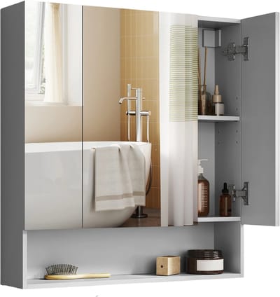 Stervia Badkamerkast Met Spiegel - Spiegelkast - Medicijnkast - Badkamermeubel - Vochtbestendig - 3 Laags - Verstelbare Planken - Grijs - 70 x 15 x 75 cm