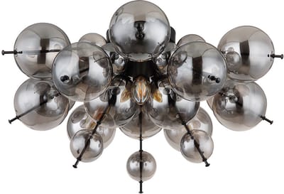 Plafondlamp 3 vlammen woonkamer glazen bol gerookt zwart, metaal glas, 3x E14 stopcontacten, DxH 55x28 cm