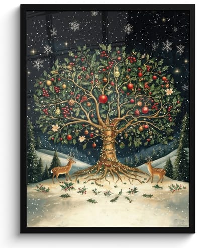 Poster in lijst - Fotolijst 60x80 cm - Posters - Feestboom - Winterhemel - Kleurrijk - Posterlijst zwart - Decoratie - Wanddecoratie woonkamer - Muurdecoratie slaapkamer - Kerstversiering - Kerstdecoratie voor binnen - Kerstmis
