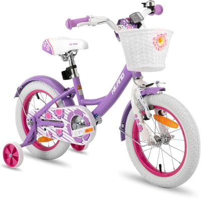 Kinderfiets Space Shuttle - Kinderscooter Fiets - Eerste Fietservaring - Inclusief Mand en Zijwielen - 14 Inch Wielmaat - Paars