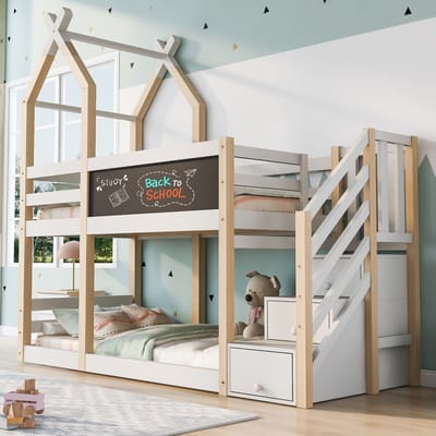 MODFU Kinderbed 90x200 cm – boomhuisdesign met opbergladder en krijtbord – wit – speels en creatief