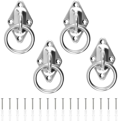 Set van 4 oogplaten van roestvrij staal, 5 mm gatdiameter, diamantvormige basis, inclusief schroeven en diffusiebuis, ideaal voor houten palen, stevige muren en plafonds