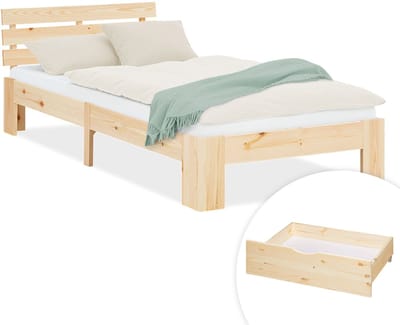 Homestyle4u Eenpersoonsbed - 90x200 cm - Houten bed - met Bedbak - Natuur