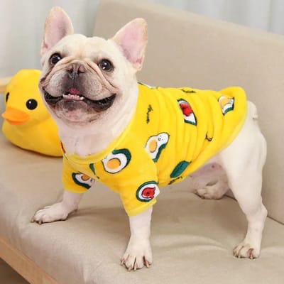 OLOEY Hondenpyjama- zachte en warme fleece onesie- schattig huisdierkostuum- outfit voor kleine en middelgrote honden- mopshond- Franse bulldog (geel- XL)