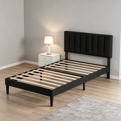 KUTAS Gestoffeerd bed - Tweepersoonsbed 90x200 cm - Metalen Bedframe - Met Hoogte Verstelbaa Hoofdbord en Lattenbodem - Met Opbergruimte Onder Bed - Voor 2 personen - Draagkracht 480 kg - Zwart