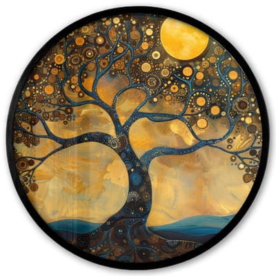 Poster in lijst Rond - Fotolijst 40x40 cm - Posters - Boom - Industrieel - Abstract - Geel - Ronde posterlijst zwart - Decoratie - Wanddecoratie woonkamer - Muurdecoratie slaapkamer
