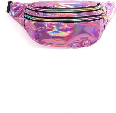 KIMU® Roze Heuptas Holografisch Twee Ritsen - Iridescent Fanny Pack Met Drie Vakken - Zwarte Band -tasje Heuptasje Festival