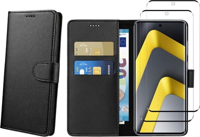 Hoesje Portemonnee geschikt voor Xiaomi Poco M8 5G Zwarte portemonnee met magnetische klep en kaartopslag en 2 stuks Screenprotector Gehard Glas