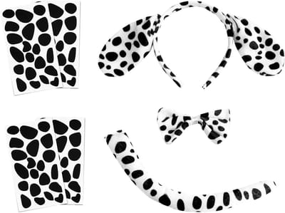 Dalmatian Kostuum met Oren Hoofdband, Strik en Staart Set voor Halloween en Carnaval met Zelfklevende Vilt Pads voor Volwassenen en Feestjes