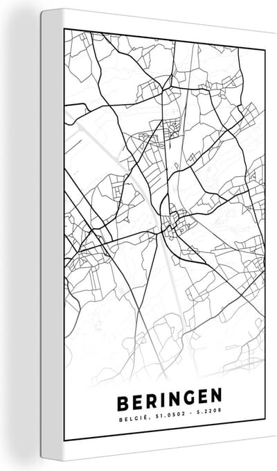 Canvas Schilderij België – Beringen – Stadskaart – Kaart – Zwart Wit – Plattegrond - 20x30 cm - Wanddecoratie