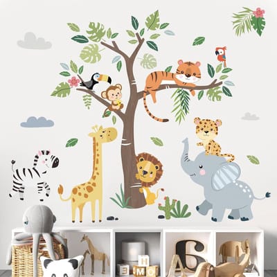 Famanu – Jungle Dierlijke Boom Muurstickers Olifant Giraf Leeuw Safari Dier Muurtattoo Babykinderkamer Kinder Slaapkamer Wanddecoratie