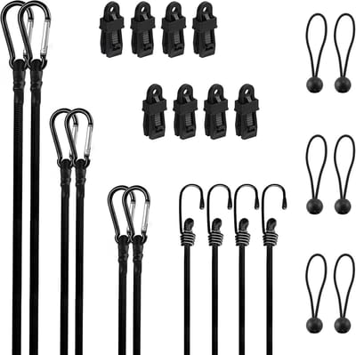 Spanrubber met haak, 24 stuks expanders met karabijnhaken, spanbanden en rubberen spanners met haak voor bagage, dekzeilen, kamperen en nog veel meer