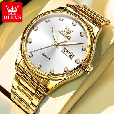 HO-7030.g : OLEVS mechanisch goudkl edelstaal horloge, zilverwitte wijzerplaat, kalenderdag, dagnaam, diamantzirkonia