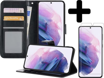 Hoesje - Met Screenprotector - Geschikt voor Samsung Galaxy S21 - Luxe Pasjeshouder - Bookcase Portemonee - Flip Case - Kunstleer Book Case - Flipcase - Book Cover - Walletcase - Portemonneehoes - Telefoonhoesjes - Zwart