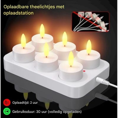 GELLDG Oplaadbare LED-theelichtjes voor 6 personen - Inclusief oplaadstandaard met afstandsbediening - Oplaadbare LED-theelichtjes - Knipperend met timer - Geschikt voor feestjes, kamers en vakantiedecoraties - Eén set