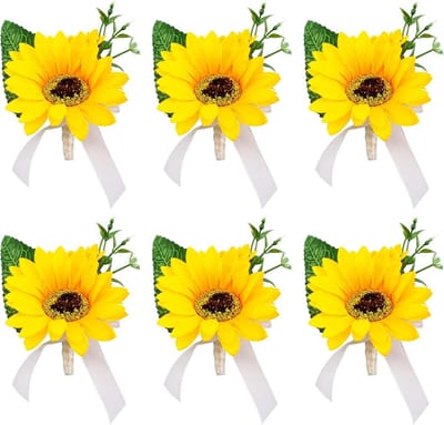 6x Zonnebloem Corsage voor Heren - Kunstbloem Boutonniere voor Bruiloft, Prom en Feest