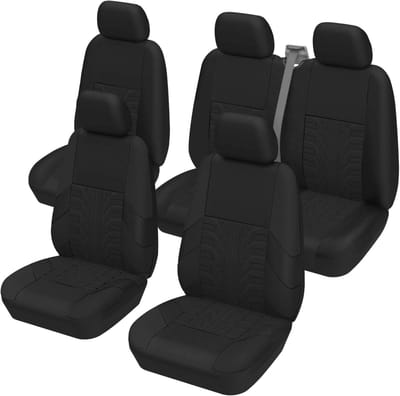Famanu Universele autostoelhoezen voor autobestelwagens, volledige set voor 5-zits, paar stoelhoezen met 1+2 dubbele achterstoelhoezen voor passagiers voor stationwagens, bemanning van combi, zwart