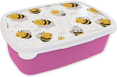 Broodtrommel Roze - Lunchbox - Brooddoos - Bijen - Patronen - Kawaii - 18x12x6 cm - Kinderen - Meisje
