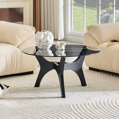 HAUSS SPOLE Salontafel - Ronde Glazen Tafel Met Houten Frame - Voor Woonkamer En Kantoor - Zwart - 80 x 42,2 cm