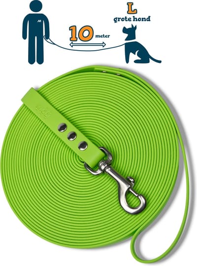 Miqdi lange lijn – BioThane® - lichtgroen – 10meter lang – 19mm breed – L/XL - grote hond– lange hondenriem