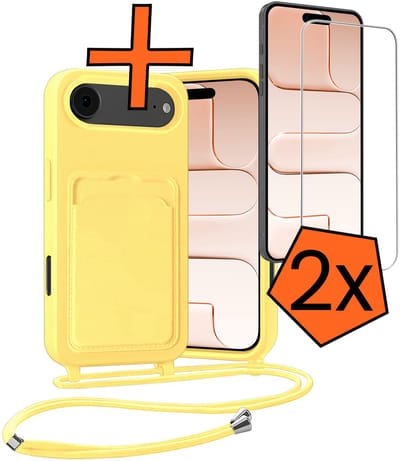 Hoesje Geschikt voor iPhone Air Hoesje Met Telefoonketting Pasjeshouder Case Met 2x Screenprotector Koord - Hoesje Geschikt voor iPhone Air Hoes Met Kaarthouder - Geel