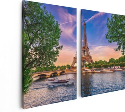 Artaza Canvas Schilderij Tweeluik Eiffeltoren In Parijs Aan Het Water - Kleur - 80x60 - Foto Op Canvas - Canvas Print