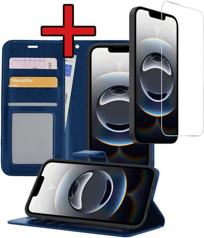 Hoesje - Met Screenprotector - Geschikt voor Apple iPhone 16e / 17e - Luxe Pasjeshouder - Flipcase - Bookcase Portemonee - Flip Case - Kunstleer Book Case - Book Cover - Walletcase - Portemonneehoes - Telefoonhoes - Donkerblauw