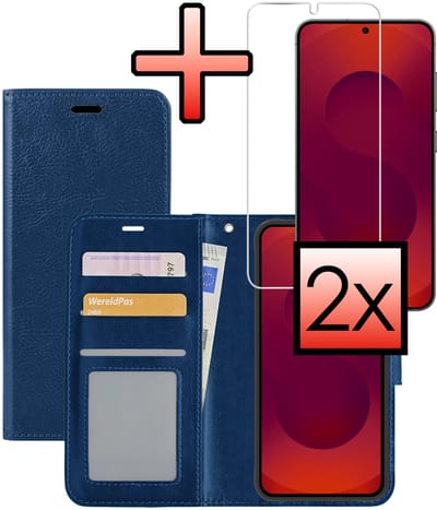 Hoesje - Met 2x Screenprotector - Geschikt voor Samsung Galaxy S25 Edge - Luxe Pasjeshouder - Bookcase Portemonee - Flip Case - Kunstleer Book Case - Flipcase Hoes - Book Cover - Walletcase - Portemonneehoes - Donkerblauw
