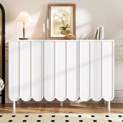 Pugsdrly Modern wit dressoir met golvende deuren – 120x35x80 cm – zonder handgrepen, verstelbare legplanken – opbergruimte voor de woonkamer, hal en eetkamer
