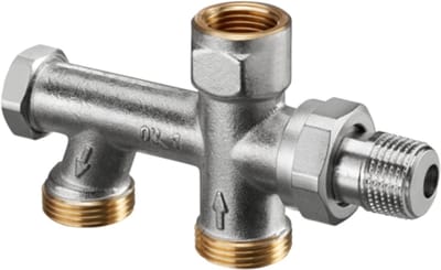 OVENTROP Uno éénpijpsaansluitstuk met traploos instelbare bypass en afsluiting DN 15, G 3/4 AG, buisafstand 50 mm, met isolatiekoppeling, 1013161