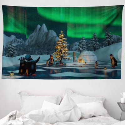 ABAKUHAUS Wandtapijt Noorderlicht, Pinguïns bij het Meer, 230 x 140 cm, Limegroengrijs