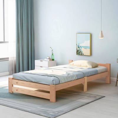 OKWISH Eenpersoonsbed 90x200 cm - Bed Met Hoofdeinde Van Grenenhout - Comfortabel En Duurzaam - Naturel