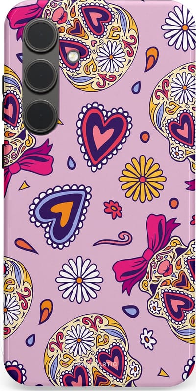 Casetastic hoesje geschikt voor Samsung Galaxy S24 Plus - Dubbellaagse bescherming - Dia de los Muertos Doodshoofd Strik - Fashion Case - Lichtroze Lila Taupe Zilver