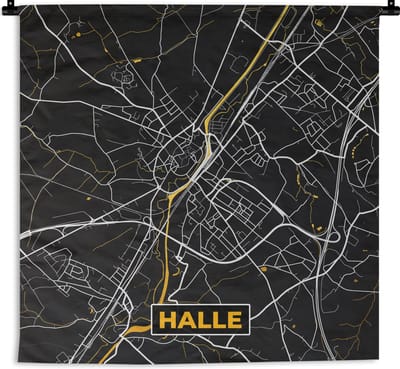Wandkleed - Wanddoek - Plattegrond - Stadskaart - Kaart - Halle - Goud - 180x180 cm - Wandtapijt