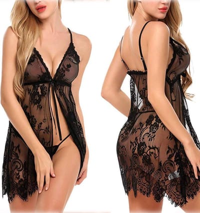 Prachtige complete Sexy NachtJurk met String, Nachtmode, sexy Lingerie, Erotische Kimono,Sexy Pyjama dames Nachtjapon "Zwart",maatM