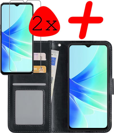 Hoesje Met 2x Screenprotector - Geschikt voor OPPO A57 - Luxe Pasjeshouder - Bookcase Portemonee - Flip Case - Kunstleer Book Case - Flipcase Hoes - Book Cover - Walletcase - Portemonneehoes - Zwart