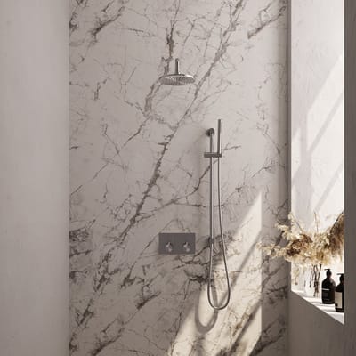 Brauer Brushed Edition thermostatische inbouw regendouche met drukknoppen SET 63 met 20 cm douchekop en gebogen muurarm en staaf handdouche en doucheslang en geïntegreerde glijstang RVS geborsteld PVD