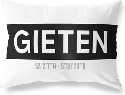 Tuinkussen GIETEN - DRENTHE met coördinaten - Buitenkussen - Bootkussen - Weerbestendig - Jouw Plaats - Studio216 - Modern - Zwart-Wit - 50x30cm