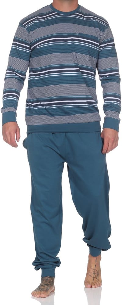 Lange Normann herenpyjama met manchetten in een gestreepte look - ook in grote maten