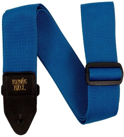 Ernie Ball Polypro - Gitaarriem - Parelmoerblauw - Polypropeen - Zwarte Leren Uiteinden - Zwarte Delrin Gesp - Verstelbaar 104-182 cm - Breedte 5 cm