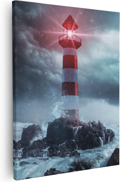 Artaza Canvas Schilderij Zeezicht - 40x50 cm - Muurdecoratie Vuurtoren - Wanddecoratie Storm - Kamer Accessoires