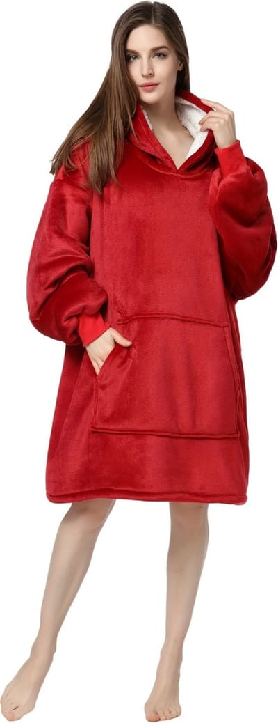 Livano Hoodie Deken Met Mouwen - Knuffeldeken - Fleece Blanket - Dames - Heren - Kinderen - Plaid - Onesie - Extra Zacht & Warm - Rood
