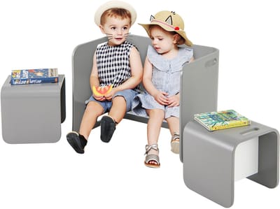 COSTWAY Kindertafel met 2 stoelen berk, kinderzitgroep hout ruimtebesparend, zitgroep voor kinderen, kindermeubels voor kinderkamer, kleuterschool (grijs)