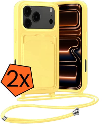 Hoesje Geschikt voor iPhone 17 Pro Max Hoesje Met Telefoonketting Pasjeshouder Case Koord - Hoesje Geschikt voor iPhone 17 Pro Max Hoes Met Kaarthouder - Geel - 2 PACK